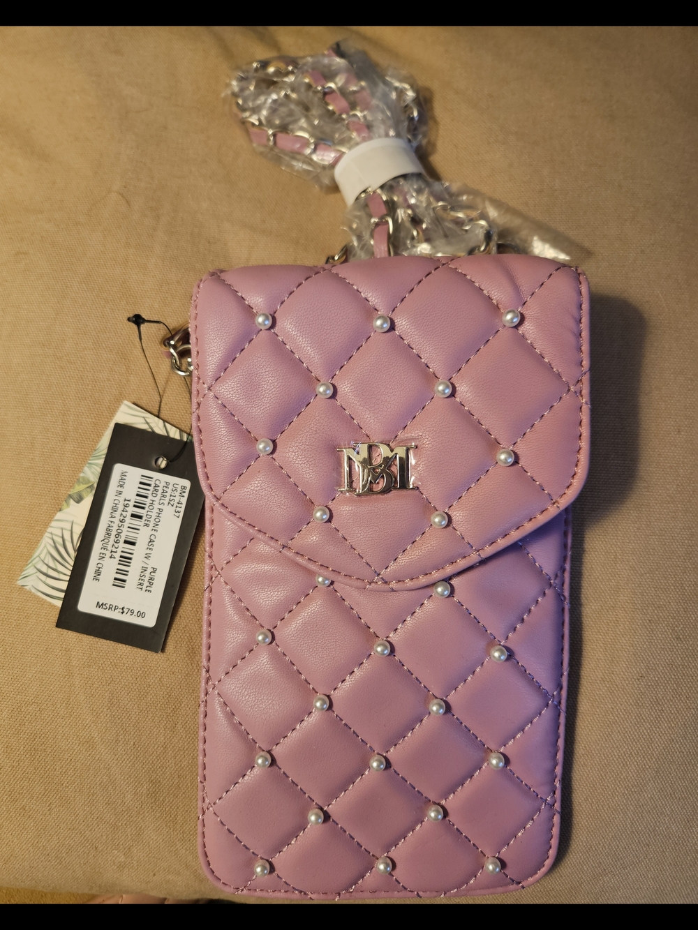Quilted Pearl Accent Purple Crossbody Phone Bag